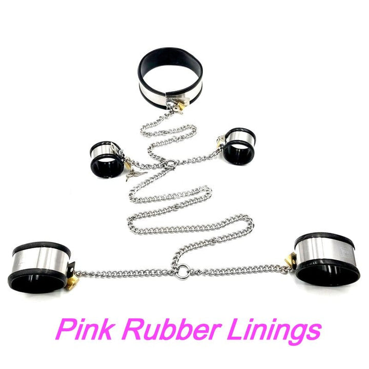 0262M 5-Piece Stainless Steel Collar, Cuffs & Leash Bondage Set with Pink Rubber Lining Steel Bondage , Sub-Shop.com Bondage and Fetish Superstore