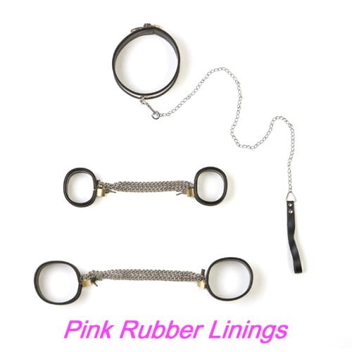 0262M 5-Piece Stainless Steel Collar, Cuffs & Leash Bondage Set with Pink Rubber Lining Steel Bondage , Sub-Shop.com Bondage and Fetish Superstore