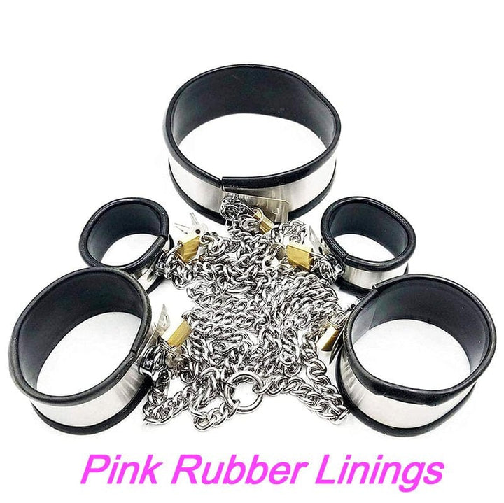 0262M 5-Piece Stainless Steel Collar, Cuffs & Leash Bondage Set with Pink Rubber Lining Steel Bondage , Sub-Shop.com Bondage and Fetish Superstore