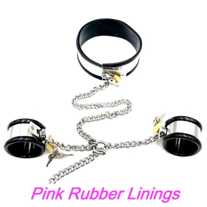 0262M 5-Piece Stainless Steel Collar, Cuffs & Leash Bondage Set with Pink Rubber Lining Steel Bondage , Sub-Shop.com Bondage and Fetish Superstore