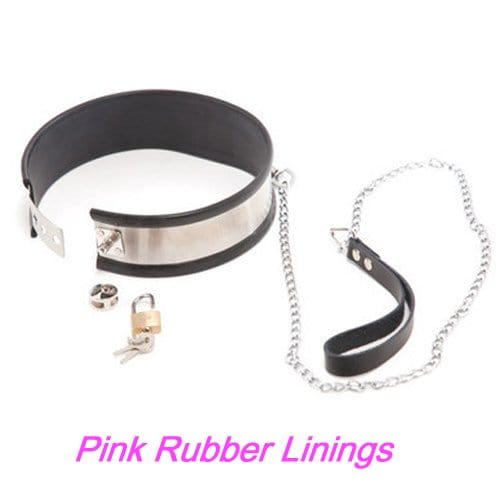 0262M 5-Piece Stainless Steel Collar, Cuffs & Leash Bondage Set with Pink Rubber Lining Steel Bondage , Sub-Shop.com Bondage and Fetish Superstore