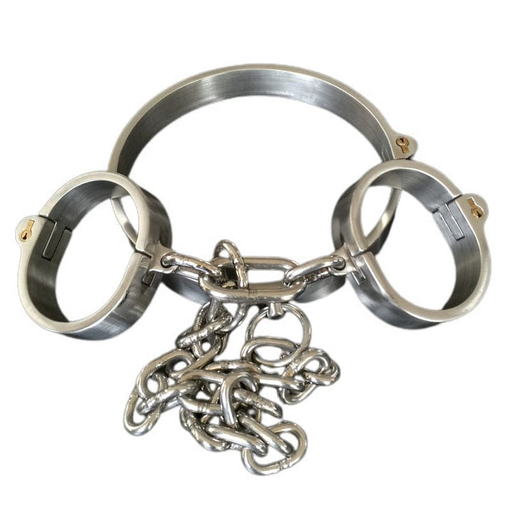 0267M Steel Collar To Wrist Serving Set With Tubular Key Locks Steel Bondage , Sub-Shop.com Bondage and Fetish Superstore