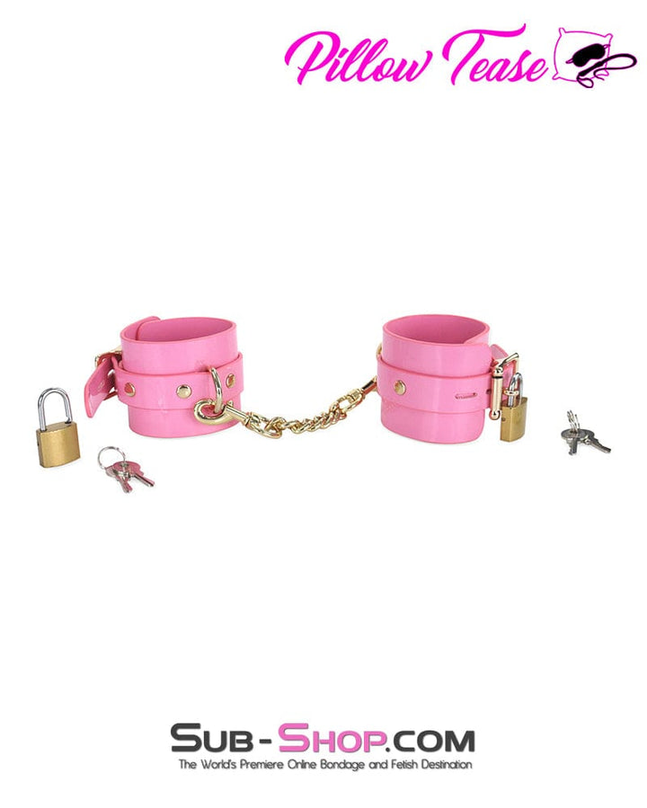 0986DL      Pink Patent Leather Bondage Cuffs with Gold Hardware Cuffs   , Sub-Shop.com Bondage and Fetish Superstore