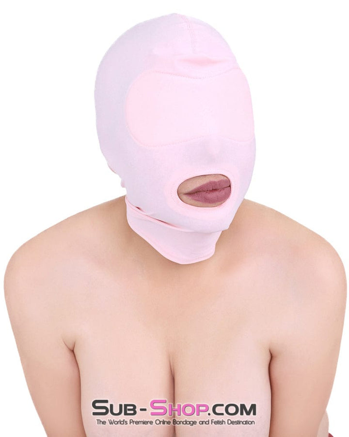 1145DL      Pink Spandex Open Mouth Hood with Sewn In Blindfold Hoods   , Sub-Shop.com Bondage and Fetish Superstore