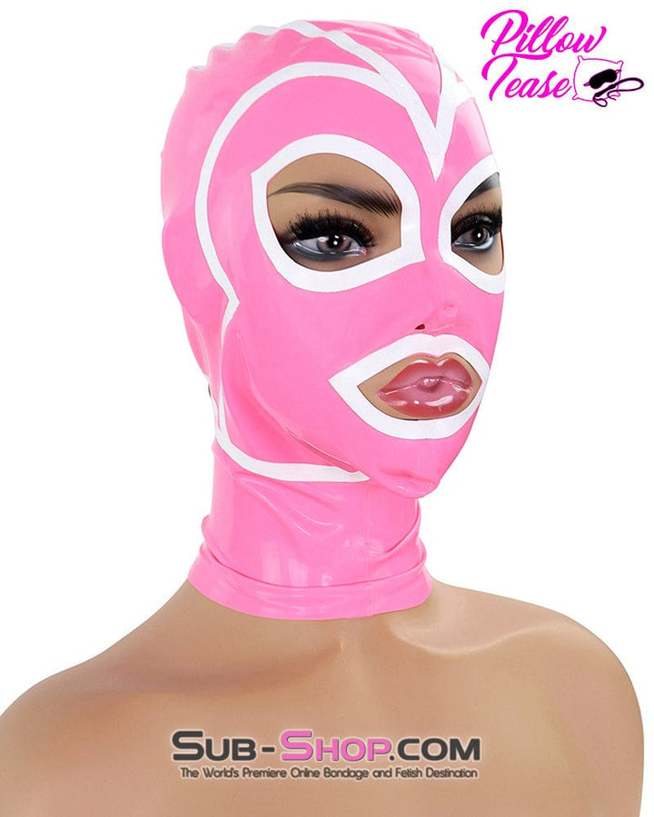 1468DL Pink Latex Hood with White Lined Eye and Mouth Openings Hoods , Sub-Shop.com Bondage and Fetish Superstore