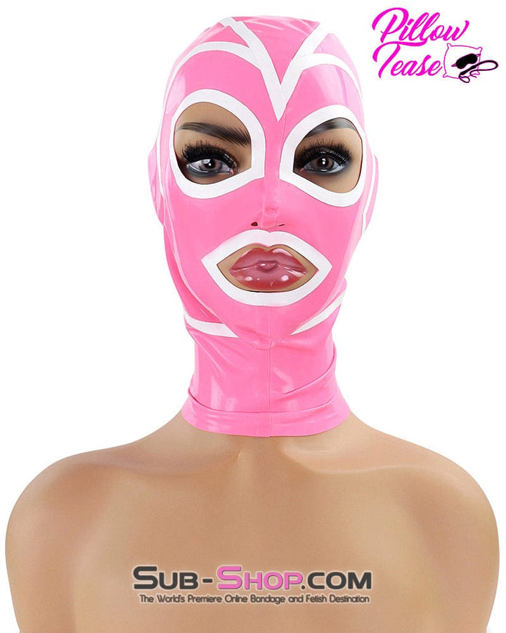 1468DL Pink Latex Hood with White Lined Eye and Mouth Openings Hoods , Sub-Shop.com Bondage and Fetish Superstore