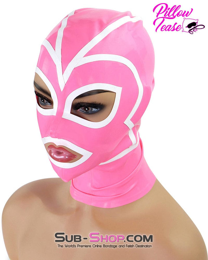 1468DL Pink Latex Hood with White Lined Eye and Mouth Openings Hoods , Sub-Shop.com Bondage and Fetish Superstore