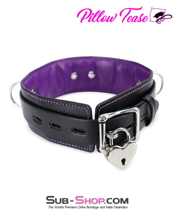 2669DL      Black 3 Ring Bondage Collar with Purple French Stitching Collar   , Sub-Shop.com Bondage and Fetish Superstore