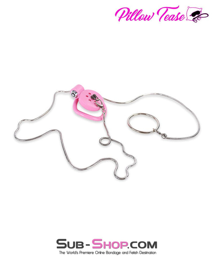 9020DL Ultra-Secure Flat Pink Locking Chastity Cage with Lead Chain & 5 Base Rings Chastity , Sub-Shop.com Bondage and Fetish Superstore