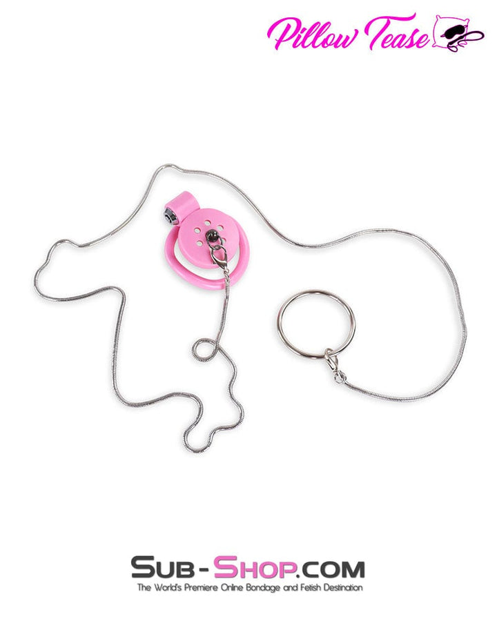 9020DL Ultra-Secure Flat Pink Locking Chastity Cage with Lead Chain & 5 Base Rings Chastity , Sub-Shop.com Bondage and Fetish Superstore