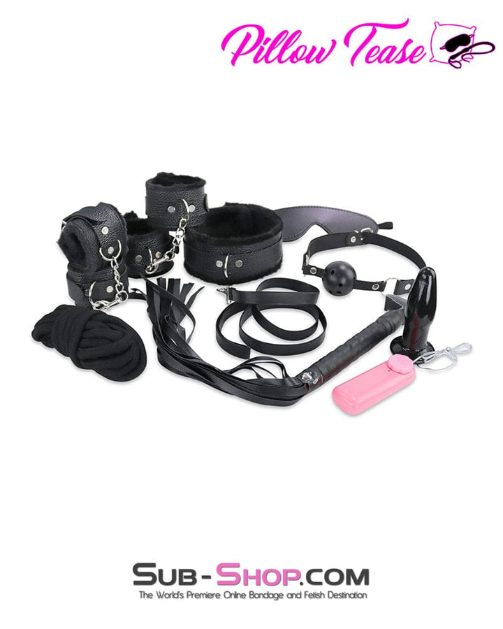 9974M      9 Pc Fur Lined Black Bondage Kit + Vibrating Butt Plug Bondage Set   , Sub-Shop.com Bondage and Fetish Superstore