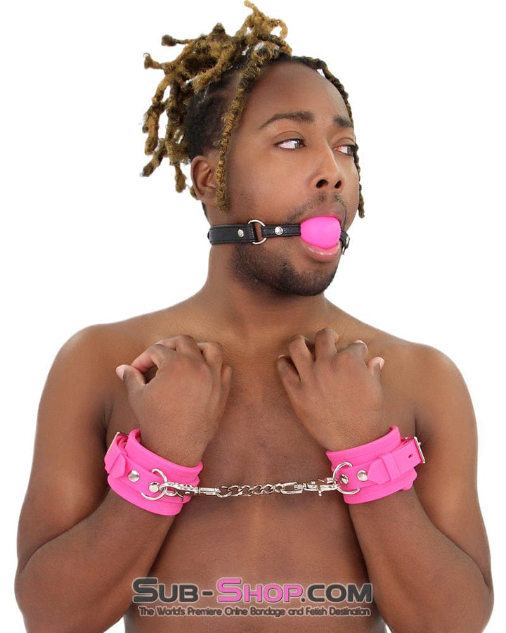 3779M-SIS      Locked Up Sissy Hot Pink Heavy Silicone Wrist Bondage Cuffs Sissy   , Sub-Shop.com Bondage and Fetish Superstore