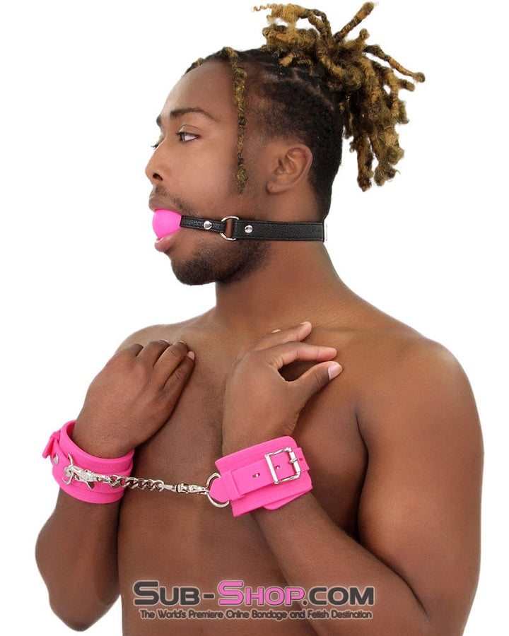 3779M-SIS      Locked Up Sissy Hot Pink Heavy Silicone Wrist Bondage Cuffs Sissy   , Sub-Shop.com Bondage and Fetish Superstore