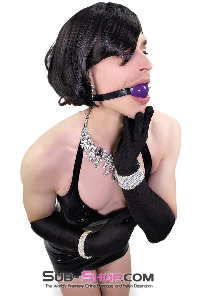 0833DL-SIS      Pretty Sissy Bitch Purple Rubber Ballgag on Feminization Black Strap Sissy   , Sub-Shop.com Bondage and Fetish Superstore