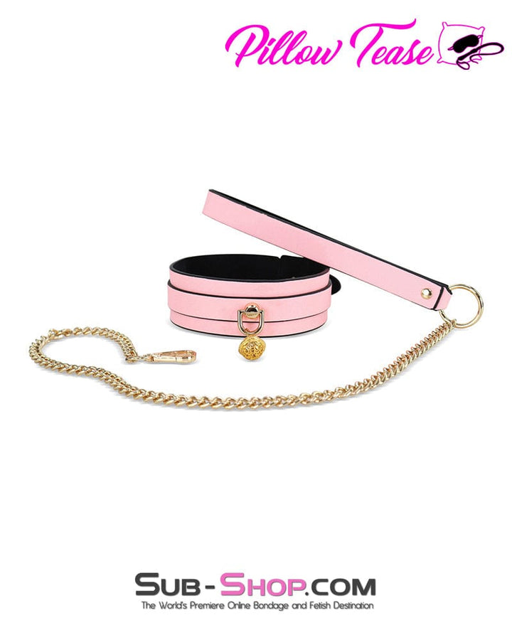 1588DL      Belled Princess Pink Bondage Collar with Gold Hardware and Leash Collar   , Sub-Shop.com Bondage and Fetish Superstore