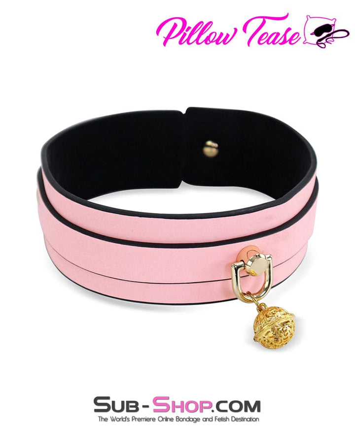 1588DL      Belled Princess Pink Bondage Collar with Gold Hardware and Leash Collar   , Sub-Shop.com Bondage and Fetish Superstore