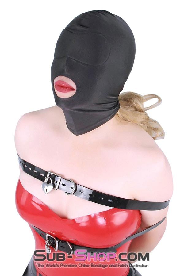 1698DL      Spandex Open Mouth Trainer Hood with Sewn In Blindfold - MEGA Deal Black Friday Blowout   , Sub-Shop.com Bondage and Fetish Superstore