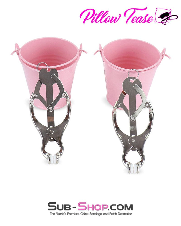 1780M-SIS      Prissy Sissy Boi Funishment Clover Clamps with Pink Dominant Female Weight Buckets Sissy   , Sub-Shop.com Bondage and Fetish Superstore