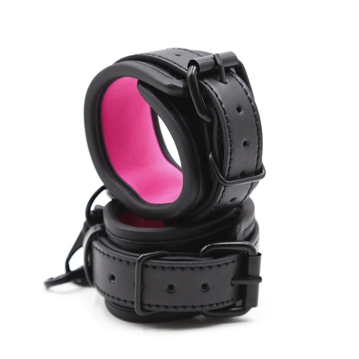 1871MQ-SIS      Blackout Padded Wrist Cuffs with Clips and Soft Pink Sissy Neoprene Lining Sissy   , Sub-Shop.com Bondage and Fetish Superstore