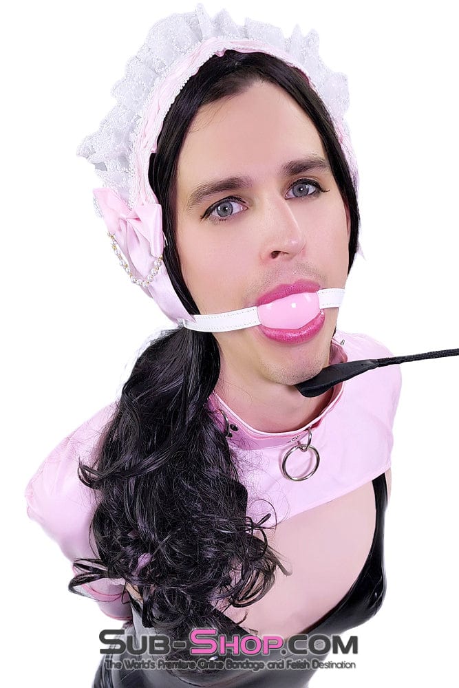 0445DL-SIS      Large Pink Pretty Sissy Slave Rubber Ballgag on BDSM Mistress White Strap Sissy   , Sub-Shop.com Bondage and Fetish Superstore