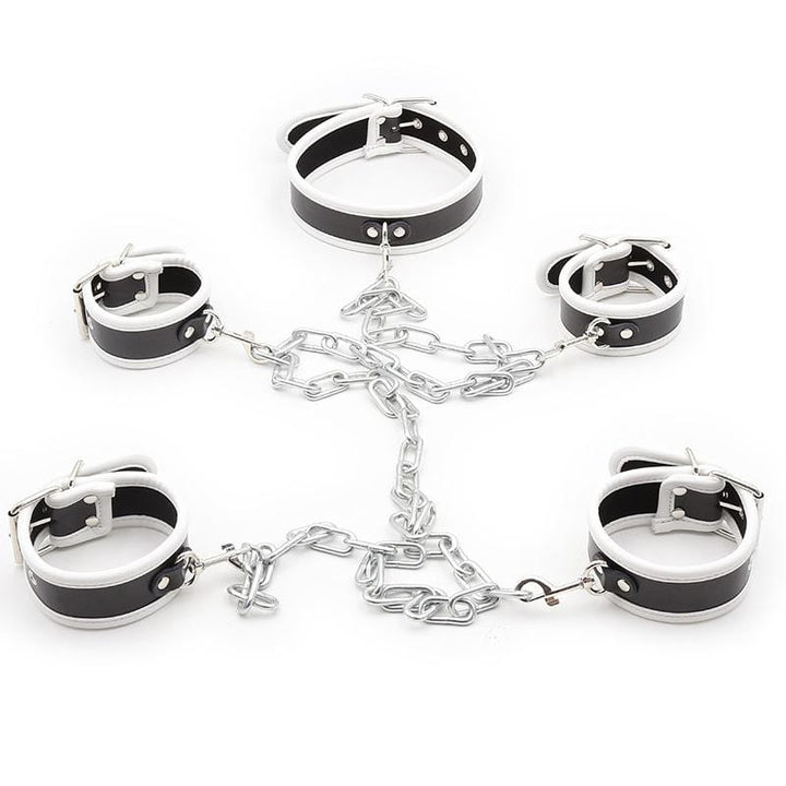 2375MQ      White Trimmed Black 6 Pc. Cuffs, Collar and Chains Bondage Slave Starter Set Bondage Set   , Sub-Shop.com Bondage and Fetish Superstore