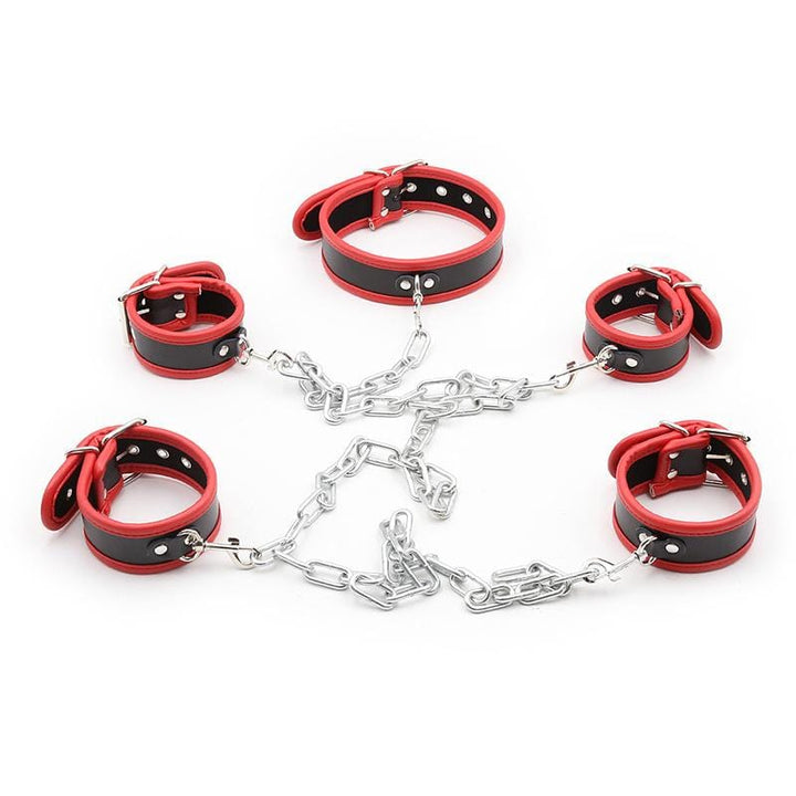 2415MQ      Red Trimmed Black 6 Pc. Cuffs, Collar and Chains Bondage Slave Starter Set Bondage Set   , Sub-Shop.com Bondage and Fetish Superstore