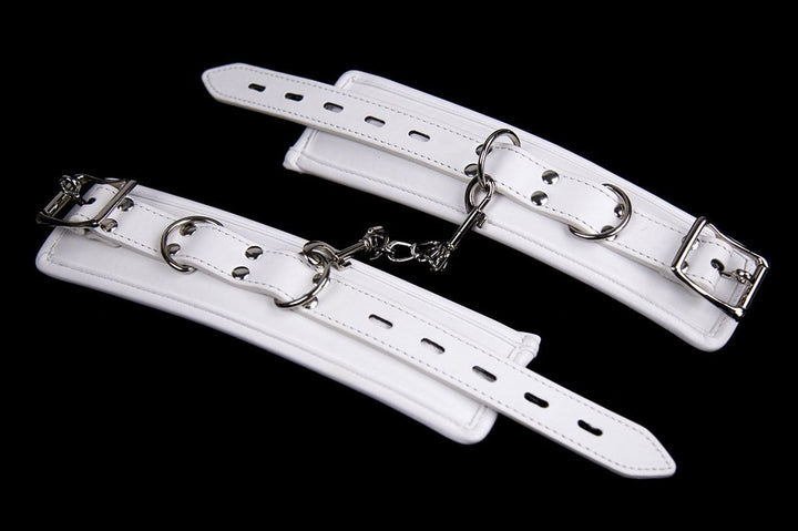 2465MQ      Padded Locking White Bondage Wrist Cuffs with Hardware Connection Chain Cuffs   , Sub-Shop.com Bondage and Fetish Superstore