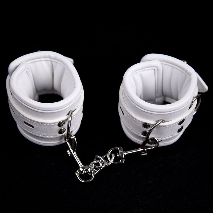 2465MQ      Padded Locking White Bondage Wrist Cuffs with Hardware Connection Chain Cuffs   , Sub-Shop.com Bondage and Fetish Superstore