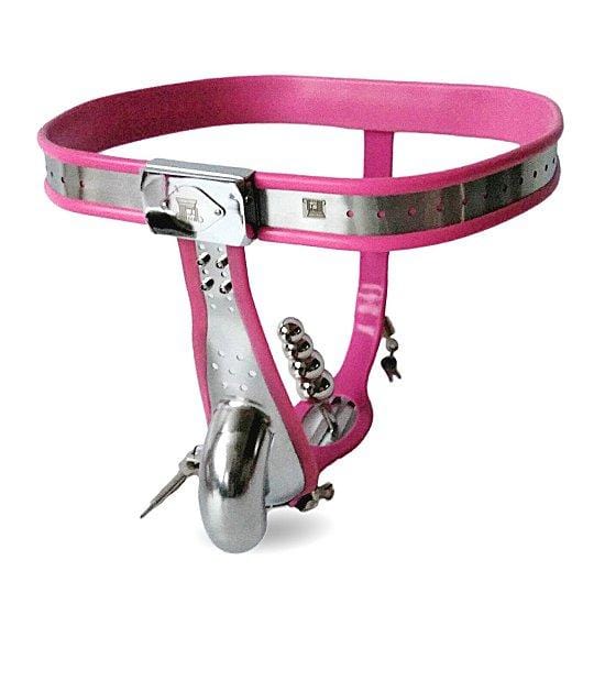 2511R      Cuckolded and Feminized Locking Stainless Steel Male Chastity Belt with Pink Rubber Lining and Steel Ripple Anal Plug Chastity   , Sub-Shop.com Bondage and Fetish Superstore