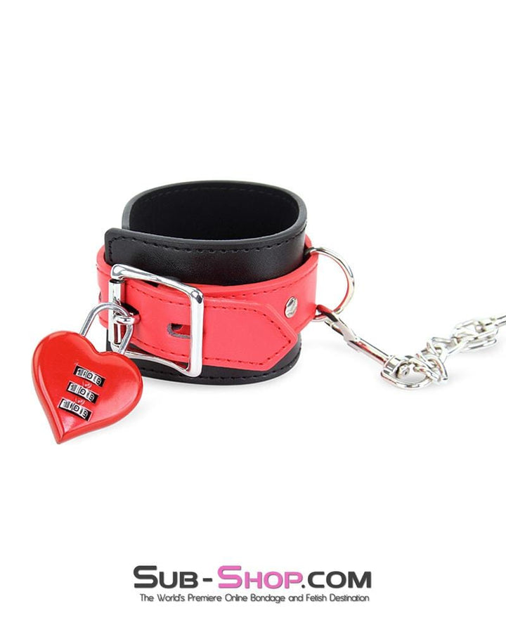 9028MQ      Locking Black Wrist Bondage Cuffs with Red Strap & Connection Chain - LAST CHANCE - Final Closeout! MEGA Deal   , Sub-Shop.com Bondage and Fetish Superstore