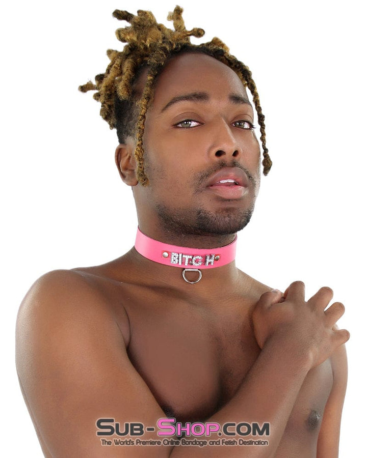 7173A      BITCH Hot Pink Leather Rhinestone Letter Collar Collar   , Sub-Shop.com Bondage and Fetish Superstore