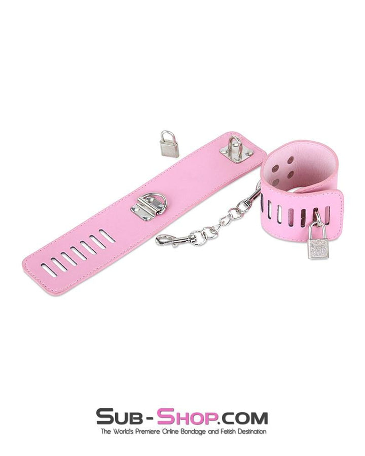 7899M-SIS      Locking Sissy Princess Pink Vegan Leather Handcuffs & Chain Set Sissy   , Sub-Shop.com Bondage and Fetish Superstore