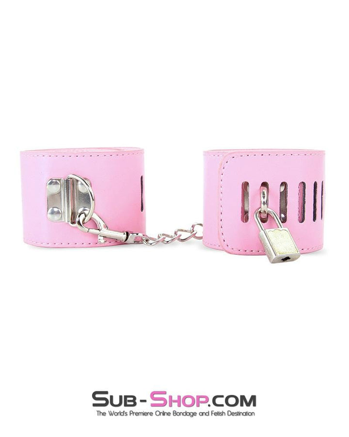 7899M-SIS      Locking Sissy Princess Pink Vegan Leather Handcuffs & Chain Set Sissy   , Sub-Shop.com Bondage and Fetish Superstore