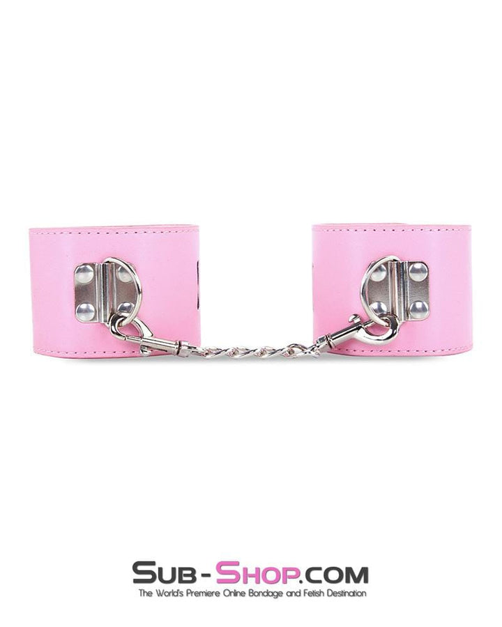 7899M-SIS      Locking Sissy Princess Pink Vegan Leather Handcuffs & Chain Set Sissy   , Sub-Shop.com Bondage and Fetish Superstore