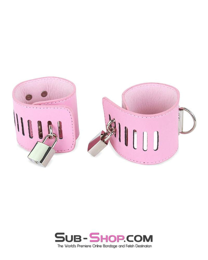 7899M-SIS      Locking Sissy Princess Pink Vegan Leather Handcuffs & Chain Set Sissy   , Sub-Shop.com Bondage and Fetish Superstore