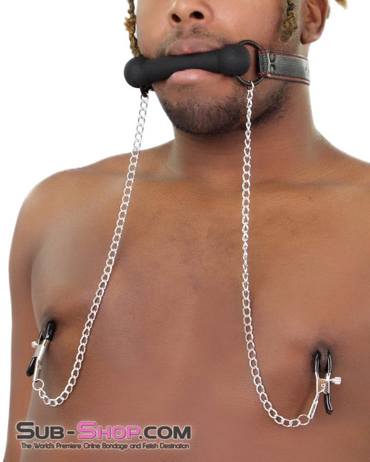 8797RS      Black Rubber Bit Gag with Adjustable Pinch Nipple Clamps - LAST CHANCE - Final Closeout! MEGA Deal   , Sub-Shop.com Bondage and Fetish Superstore