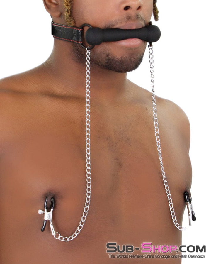 8797RS      Black Rubber Bit Gag with Adjustable Pinch Nipple Clamps - LAST CHANCE - Final Closeout! MEGA Deal   , Sub-Shop.com Bondage and Fetish Superstore