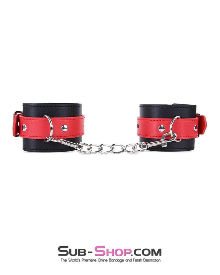 9029MQ      Locking Black Ankle Bondage Cuffs with Red Strap & Connection Chain - LAST CHANCE - Final Closeout! MEGA Deal   , Sub-Shop.com Bondage and Fetish Superstore