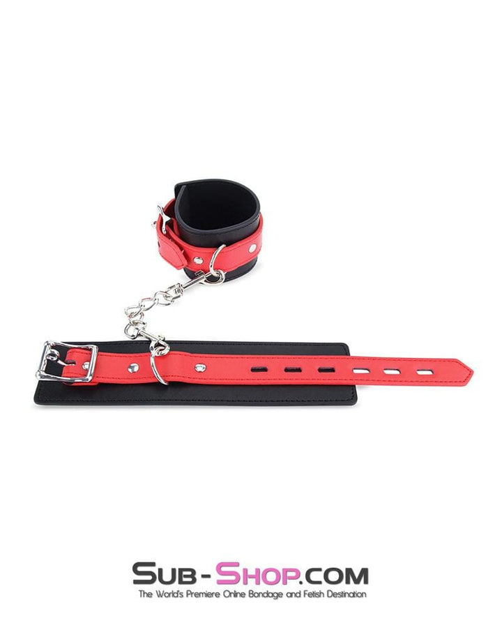 9028MQ      Locking Black Wrist Bondage Cuffs with Red Strap & Connection Chain - LAST CHANCE - Final Closeout! MEGA Deal   , Sub-Shop.com Bondage and Fetish Superstore