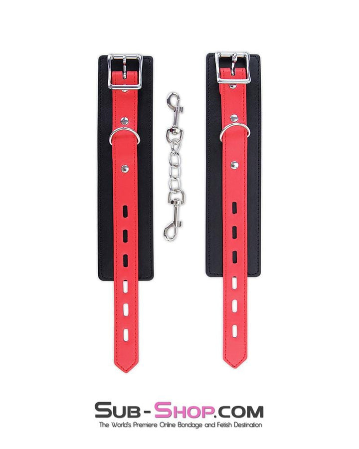 9028MQ      Locking Black Wrist Bondage Cuffs with Red Strap & Connection Chain - LAST CHANCE - Final Closeout! MEGA Deal   , Sub-Shop.com Bondage and Fetish Superstore