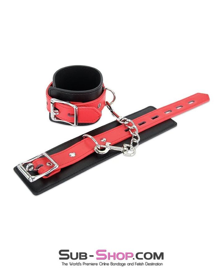 9028MQ      Locking Black Wrist Bondage Cuffs with Red Strap & Connection Chain - LAST CHANCE - Final Closeout! MEGA Deal   , Sub-Shop.com Bondage and Fetish Superstore