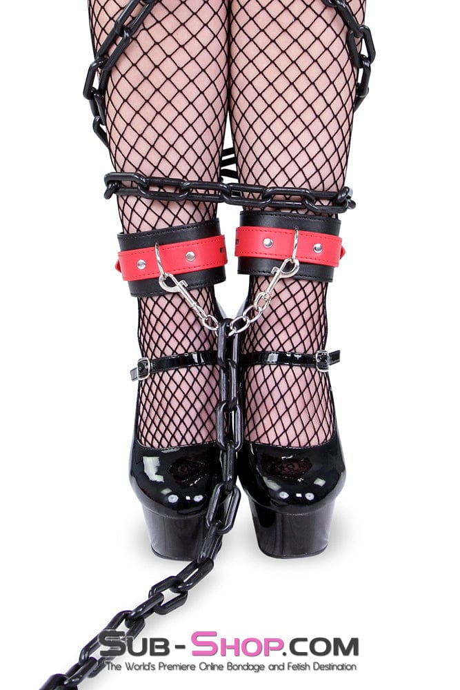 9029MQ      Locking Black Ankle Bondage Cuffs with Red Strap & Connection Chain - LAST CHANCE - Final Closeout! MEGA Deal   , Sub-Shop.com Bondage and Fetish Superstore