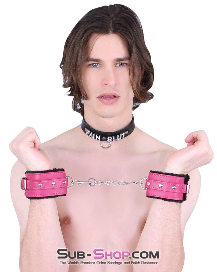 9048DL      Fur Lined Sex Bomb Pink Wrist Bondage Cuffs and Chain Set Cuffs   , Sub-Shop.com Bondage and Fetish Superstore