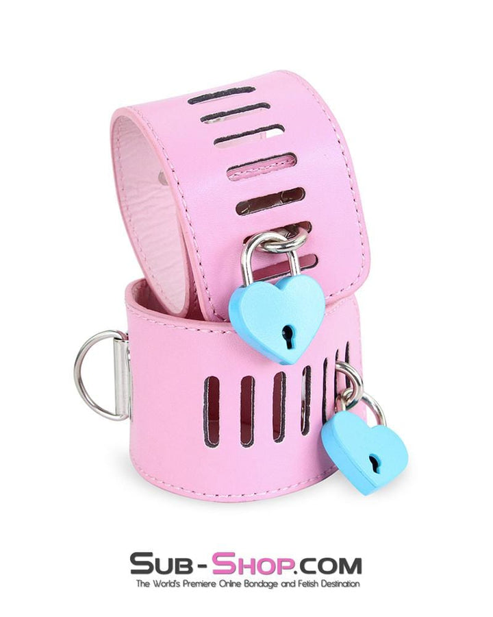 7899M      Locking Princess Pink Vegan Leather Handcuffs & Chain Set Cuffs   , Sub-Shop.com Bondage and Fetish Superstore