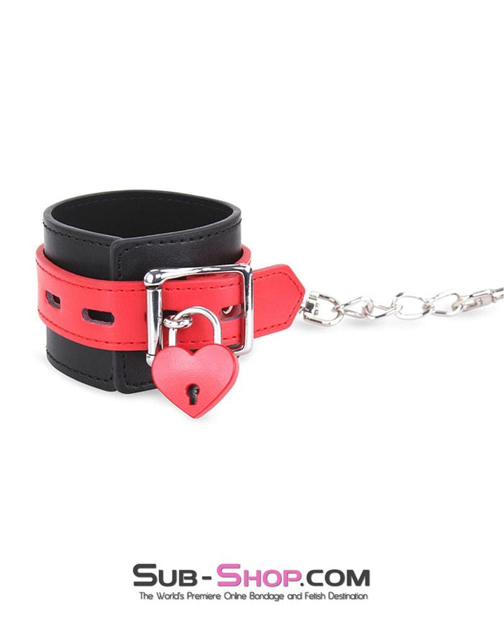 9028MQ      Locking Black Wrist Bondage Cuffs with Red Strap & Connection Chain - LAST CHANCE - Final Closeout! MEGA Deal   , Sub-Shop.com Bondage and Fetish Superstore