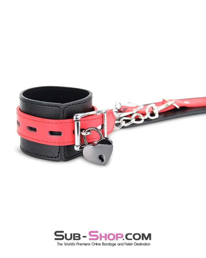 9028MQ      Locking Black Wrist Bondage Cuffs with Red Strap & Connection Chain - LAST CHANCE - Final Closeout! MEGA Deal   , Sub-Shop.com Bondage and Fetish Superstore