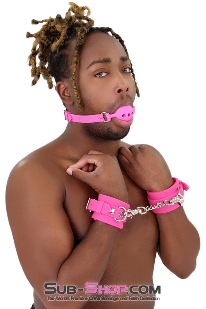 3779M-SIS      Locked Up Sissy Hot Pink Heavy Silicone Wrist Bondage Cuffs Sissy   , Sub-Shop.com Bondage and Fetish Superstore