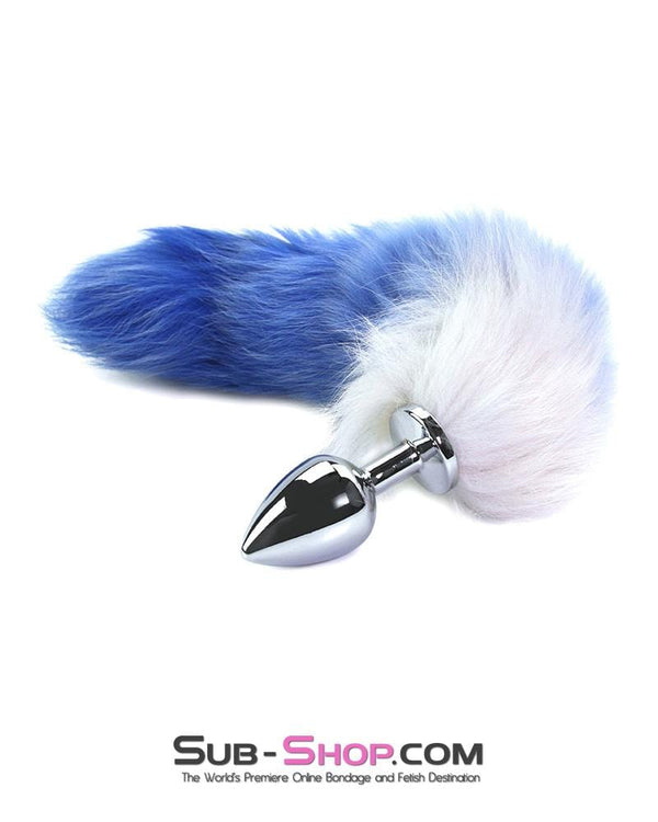 9858M      Blue & White Fox Tail Medium Chromed Butt Plug - LAST CHANCE - Final Closeout! MEGA Deal   , Sub-Shop.com Bondage and Fetish Superstore