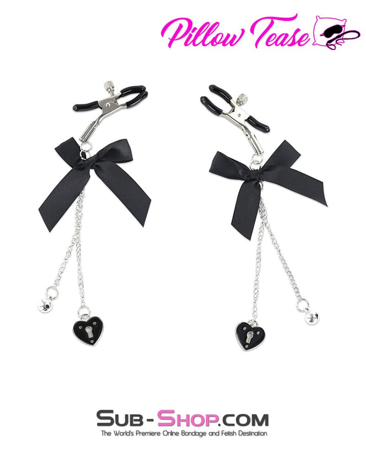 9884DL      Adjustable Nipple Clamps with Cute Bow and Lock Pendant, Black Nipple Clamp   , Sub-Shop.com Bondage and Fetish Superstore