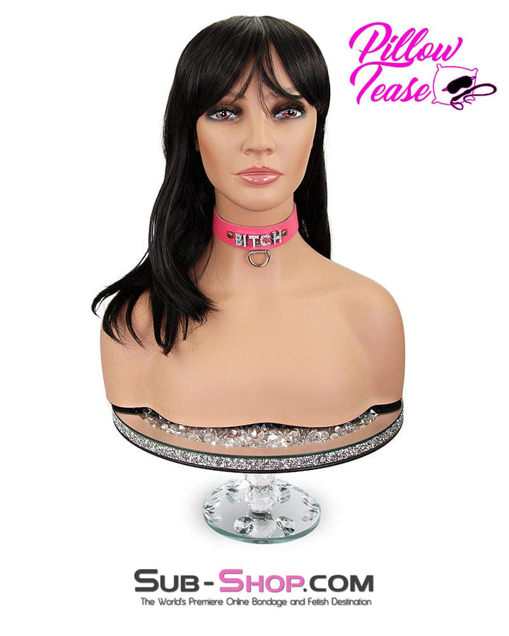 7173A      BITCH Hot Pink Leather Rhinestone Letter Collar Collar   , Sub-Shop.com Bondage and Fetish Superstore